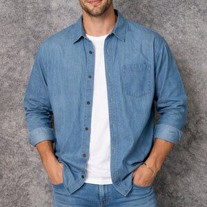 Cutter and Buck Chambray Blue Long Sleeve, Button Up Men XL Cotton Vintage Twill